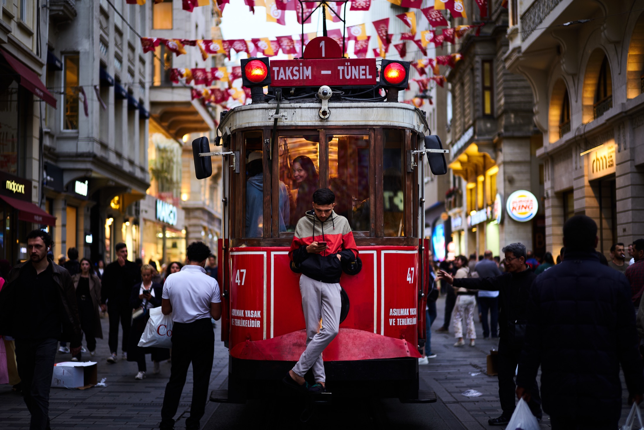The red nostalgic tram on Istiklal Avenue, Beyoglu