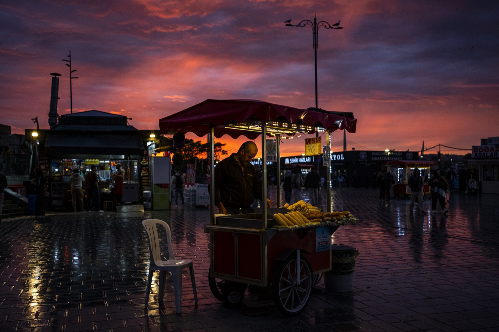 A street food cart at sunset on the historic peninsula